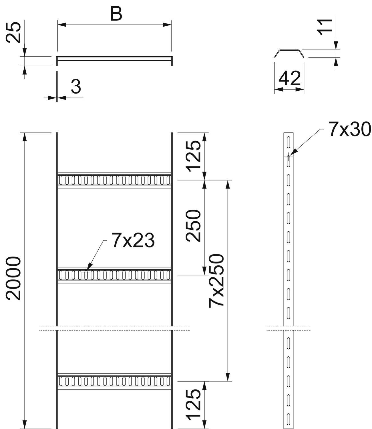 Technische tekening van een rek met afmetingen: Hoogte 2000 mm, breedte B, diepte 42 mm. Plankenhoogtes 250 mm, 125 mm. Schroefmaten 7x23, 7x30.