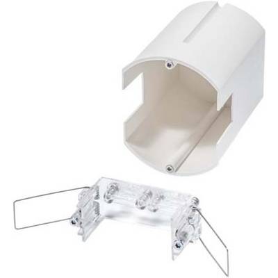 Een witte, ovale kunststof adapter en een transparant aansluitingselement met metalen onderdelen voor elektrische verbindingen.