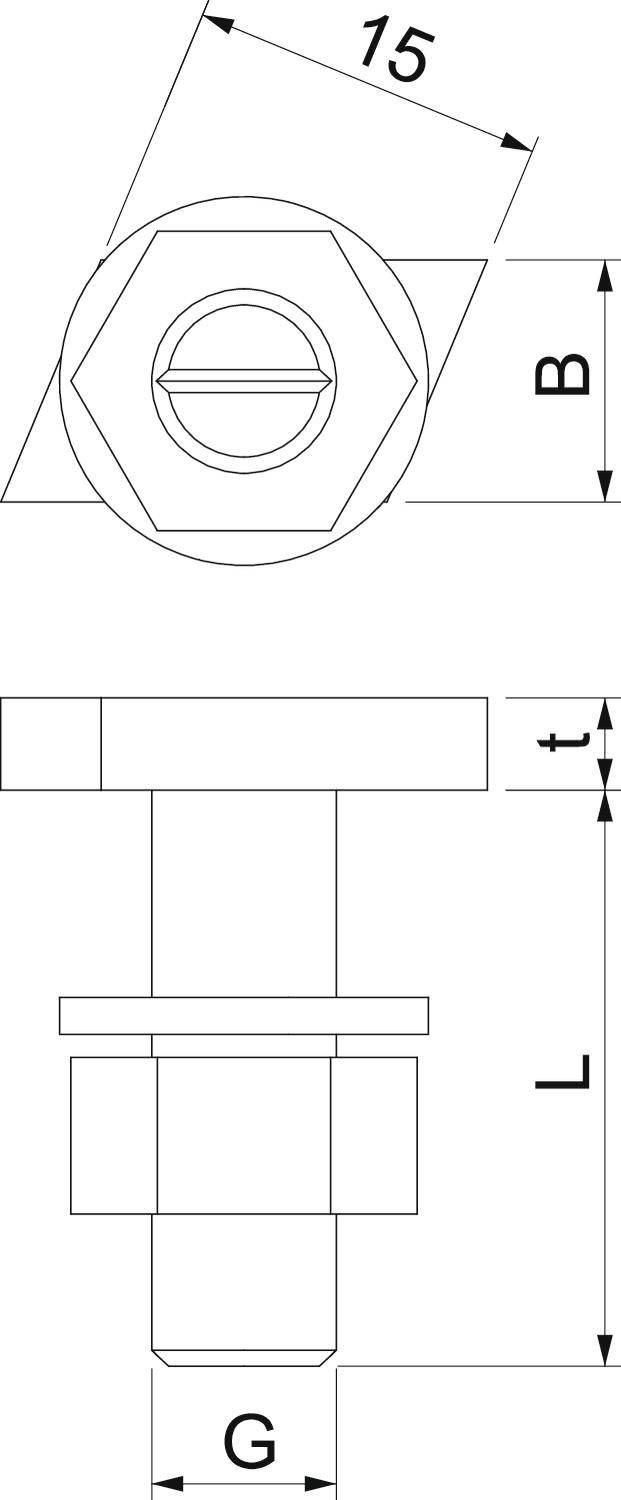 Technische tekening van een schroef met afmetingen: lengte (L), draadmaat (G), kopbreedte (B) en kophoogte (t).