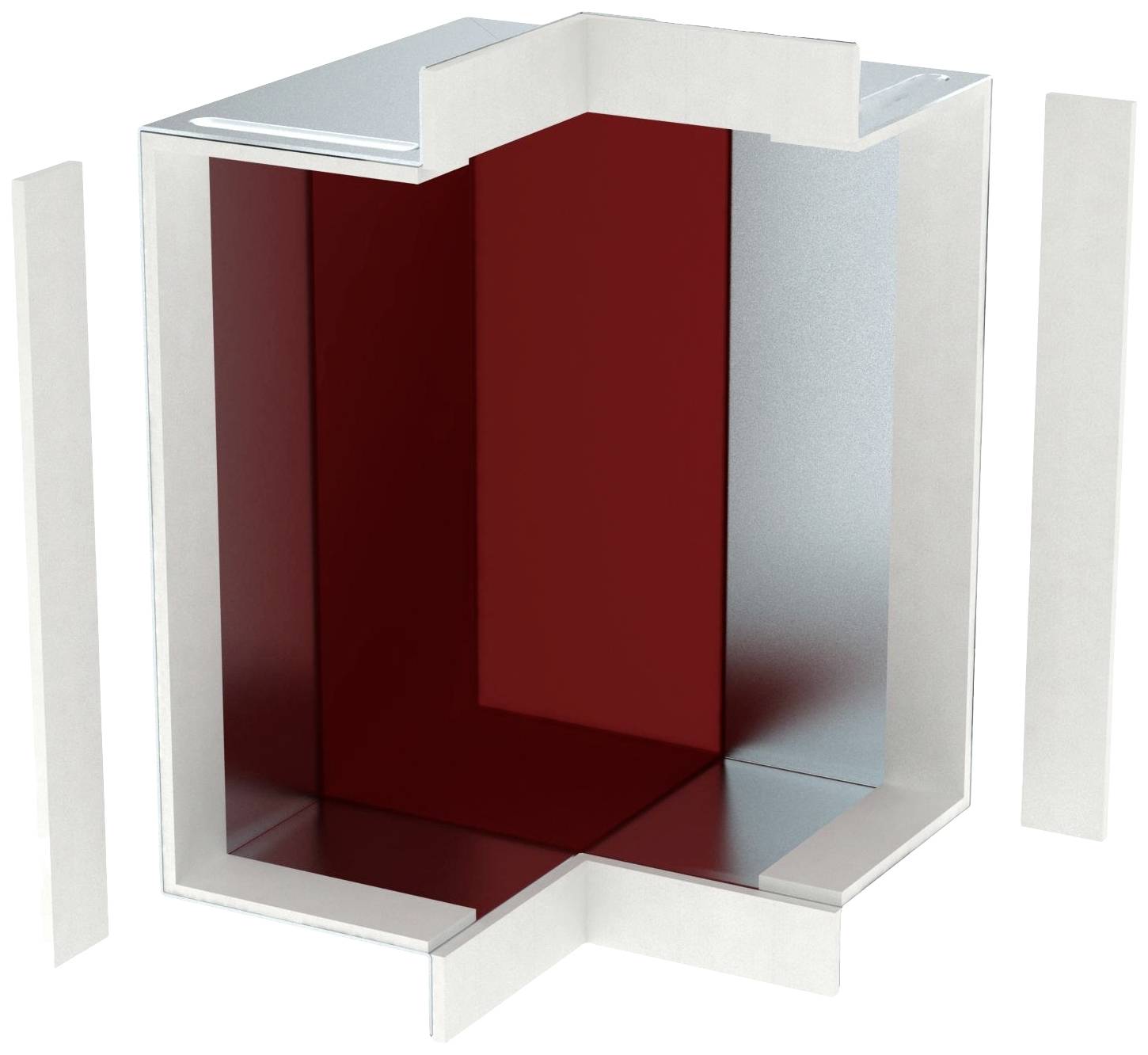 Een rood, Z-vormig metalen profiel met een zilveren rand in een 3D-weergave.