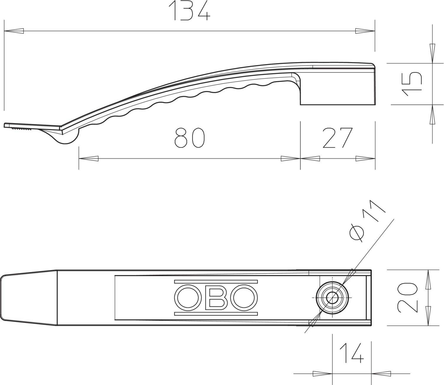 Technische tekening van een gebogen metalen haak met afmetingen in millimeters. De haak is 134 mm lang en heeft een diameter van 11 mm.