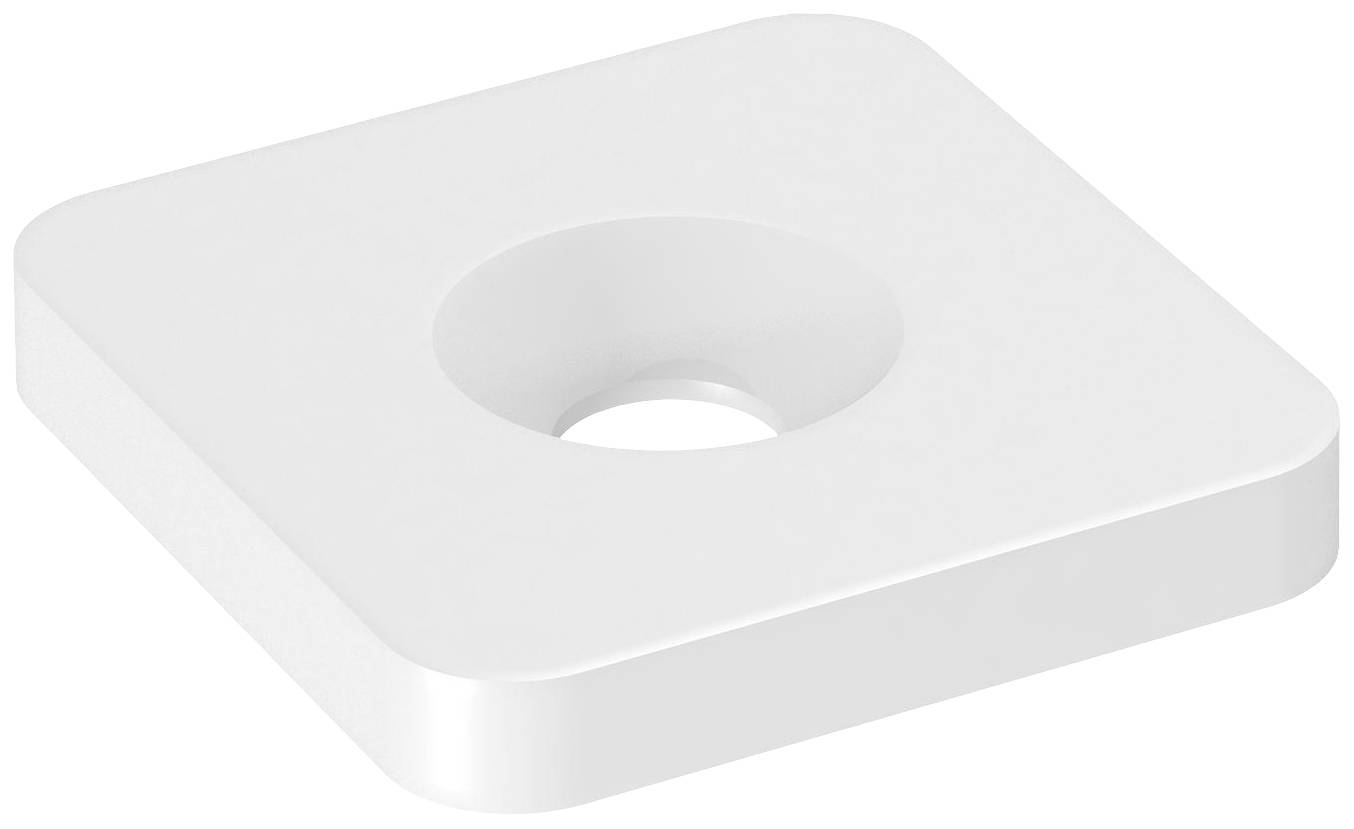 Een wit, vierkant object met afgeronde hoeken en een centraal gat.
