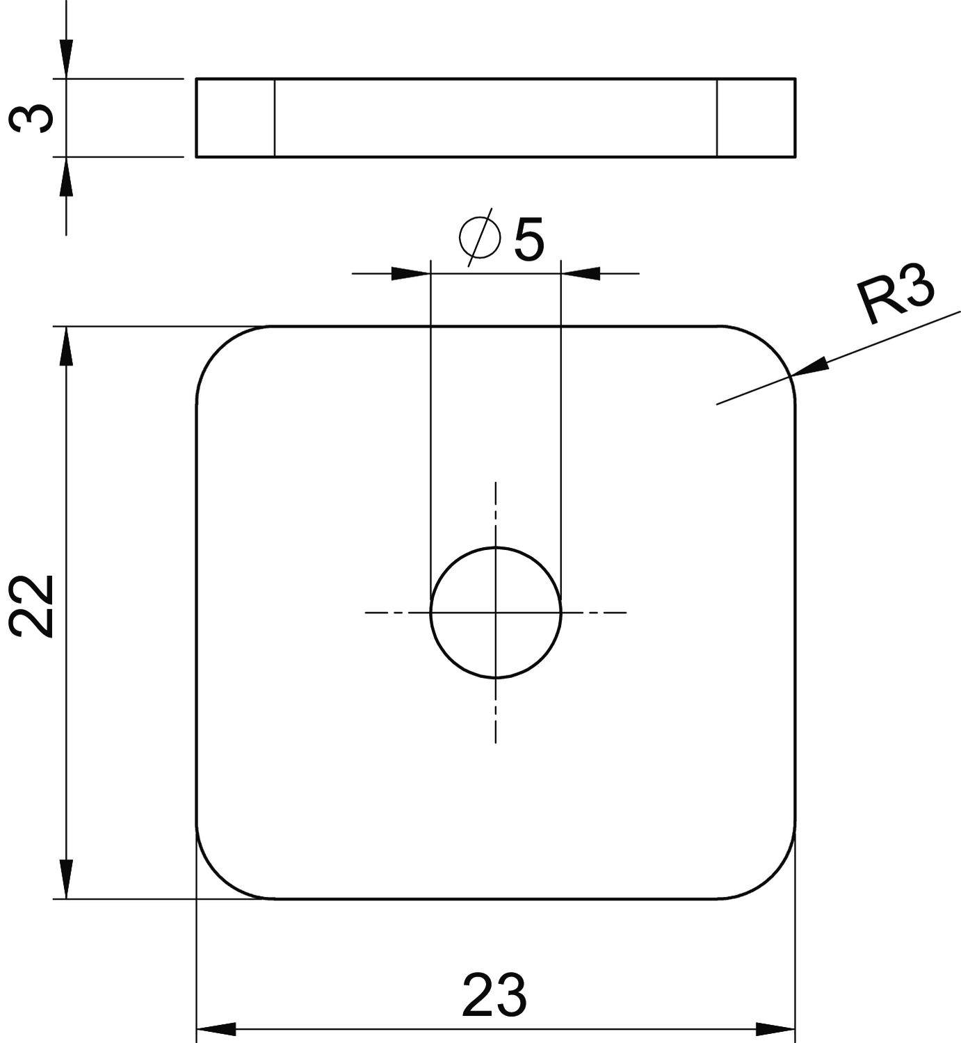 Technische tekening van een vierkant onderdeel met afgeronde hoeken (R3). Afmetingen: 23 x 22 mm. Centraal boorgat met diameter 5 mm, dikte 3 mm.