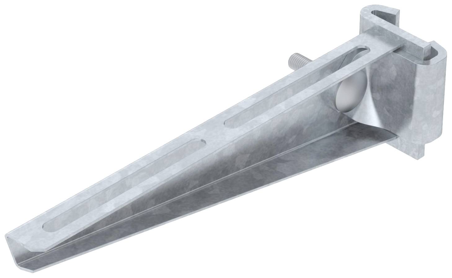 Metalen wandsteun met lange arm, bevestigbaar met een schroef aan één uiteinde. Geschikt voor zware wandplanken of stellingen.