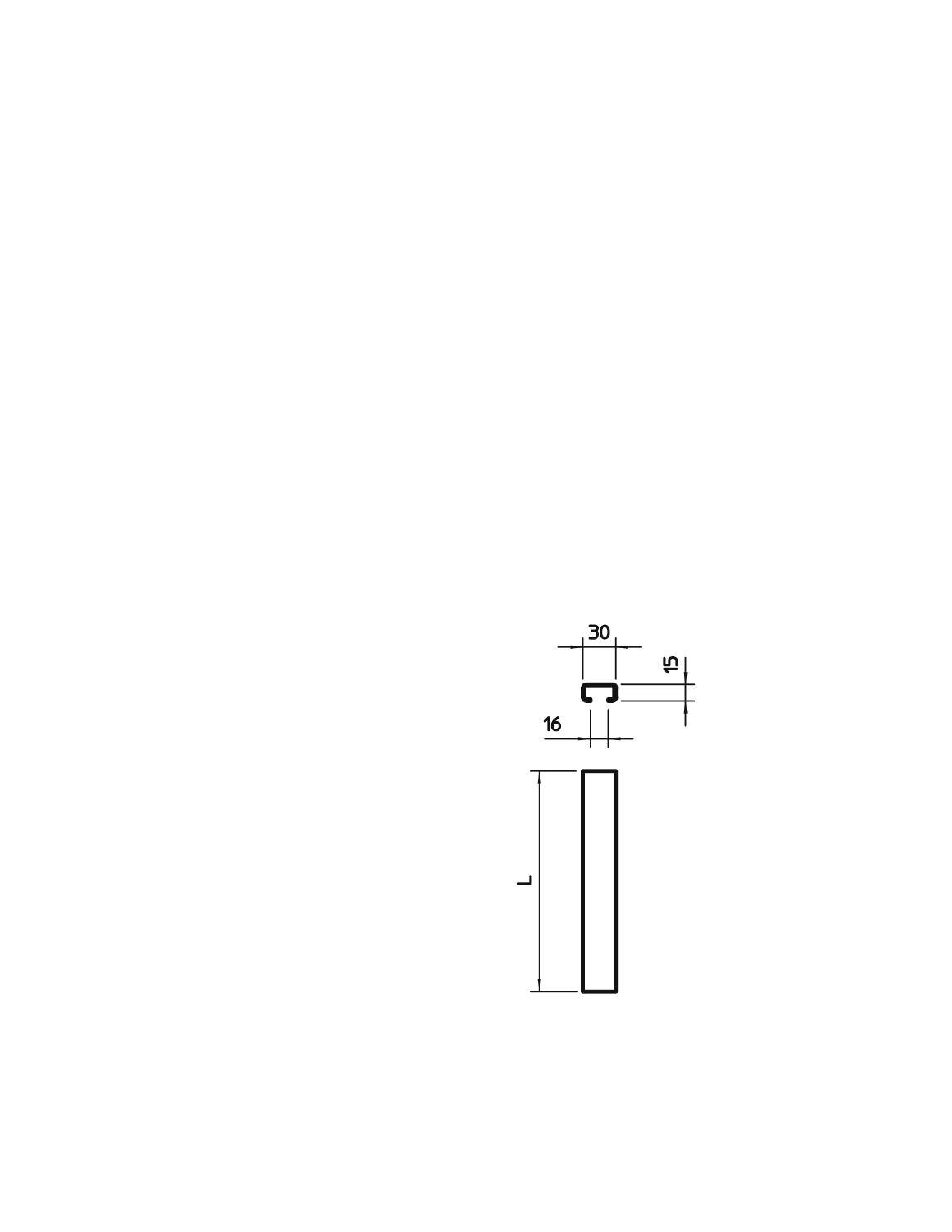 Technische tekening van een rechthoekig profiel met de afmetingen: hoogte 30 mm, breedte 16 mm, wanddikte 15 mm. Lengte aangegeven met 'L'.