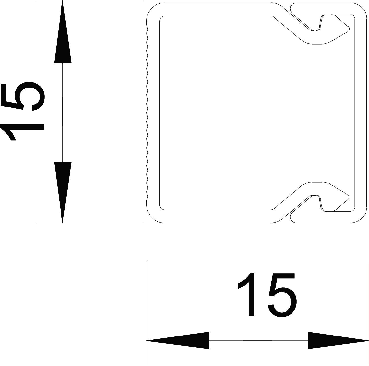 Technische tekening van een profielcoupe, vierkant, 15 mm x 15 mm, met sleuf rechtsboven.