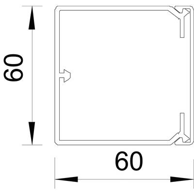 Technische tekening van een vierkant profiel, 60 x 60 mm, met pijl ter aanduiding van de binnenste structuren.