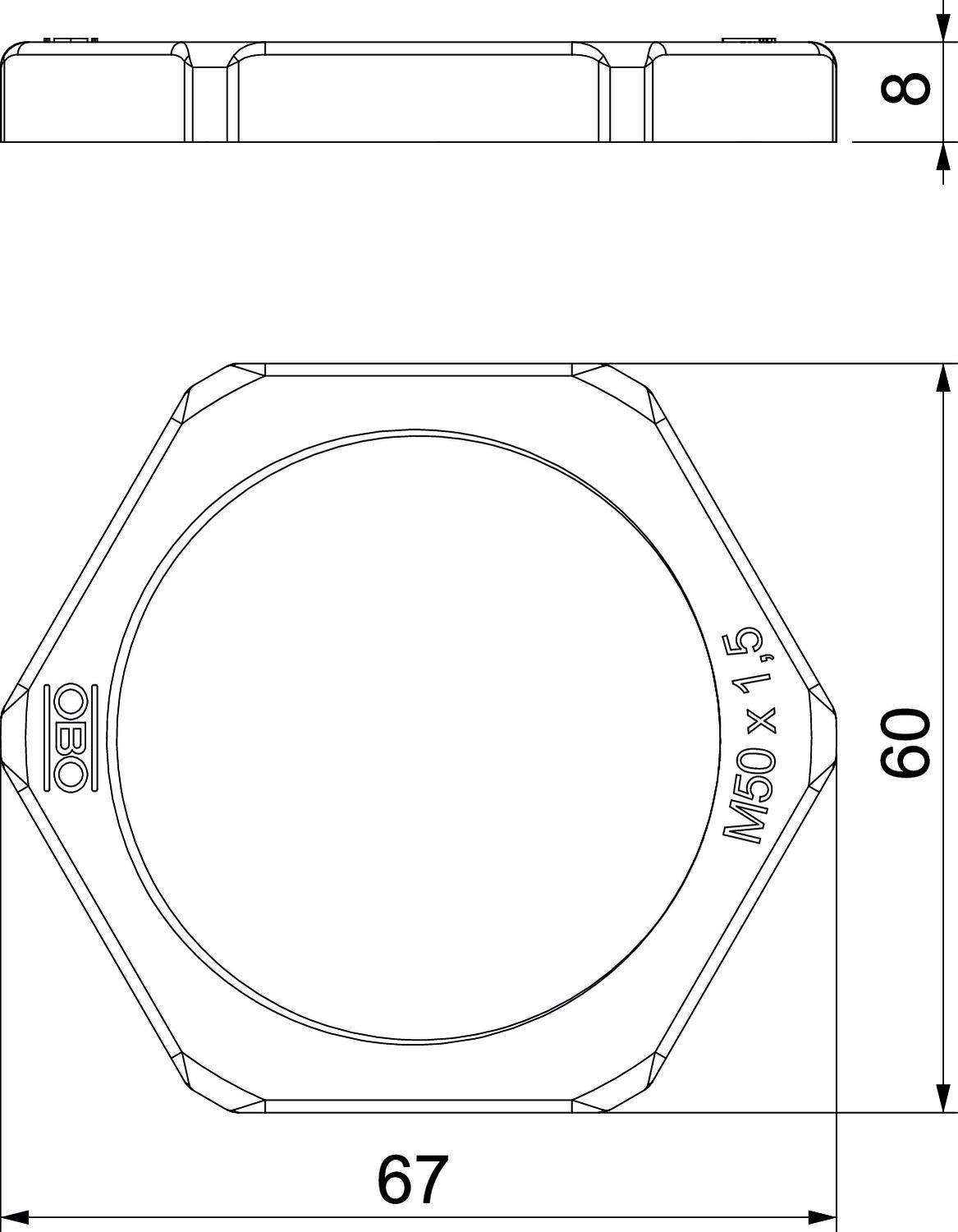 Technische tekening van een zeskantmoer met M50 x 1,5 schroefdraad. Buitenafmetingen: 67 mm breedte, 60 mm hoogte, 8 mm dikte.