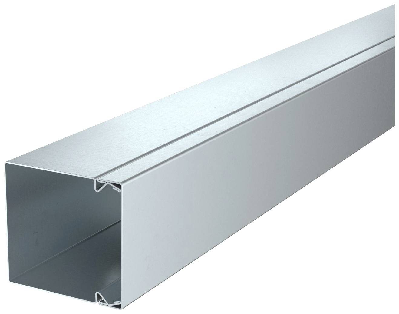 Metalen kanaalsysteem voor veilige geleiding van kabels, met rechthoekige doorsnede, in een lichtgrijze kleur.