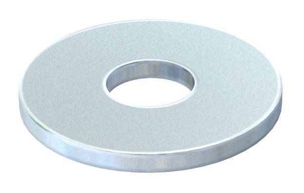 Een ronde, platte metalen schijf met een gat in het midden, typisch een sluitring voor bouten en bevestigingen.