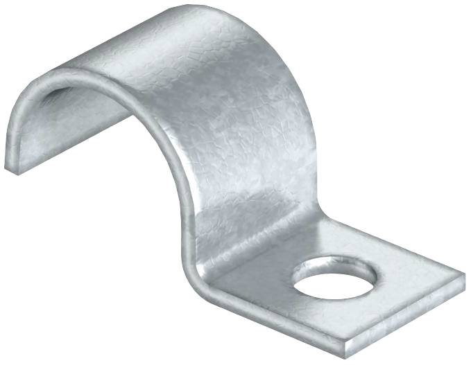 Een enkele metalen buisklem van staal, gebogen met een gat voor bevestiging, wordt gebruikt voor het vastzetten van buizen of kabels aan oppervlakken.