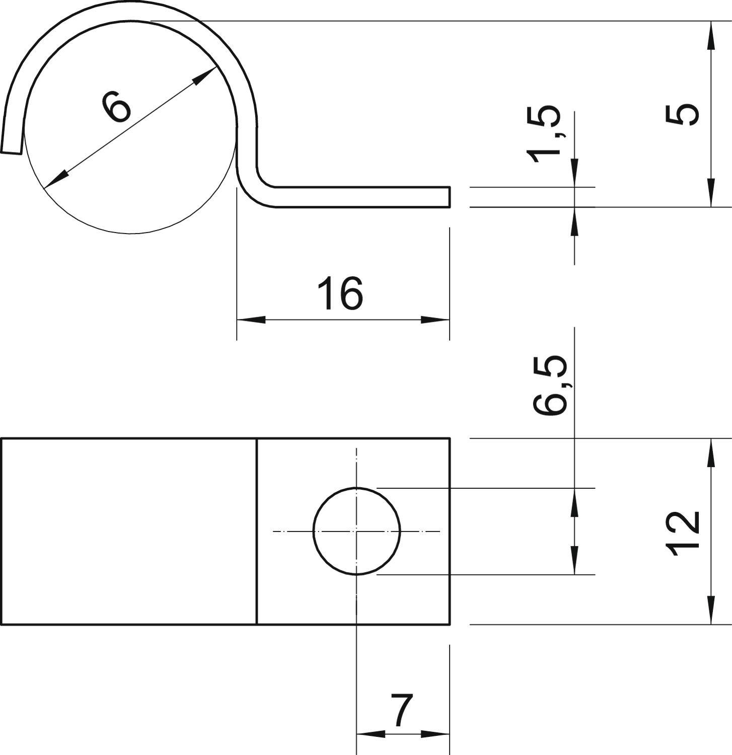 Technische tekening van een metalen onderdeel in zij- en bovenaanzicht. Afmetingen: diameter 6, lengte 16, hoogte 5, breedte 12.
