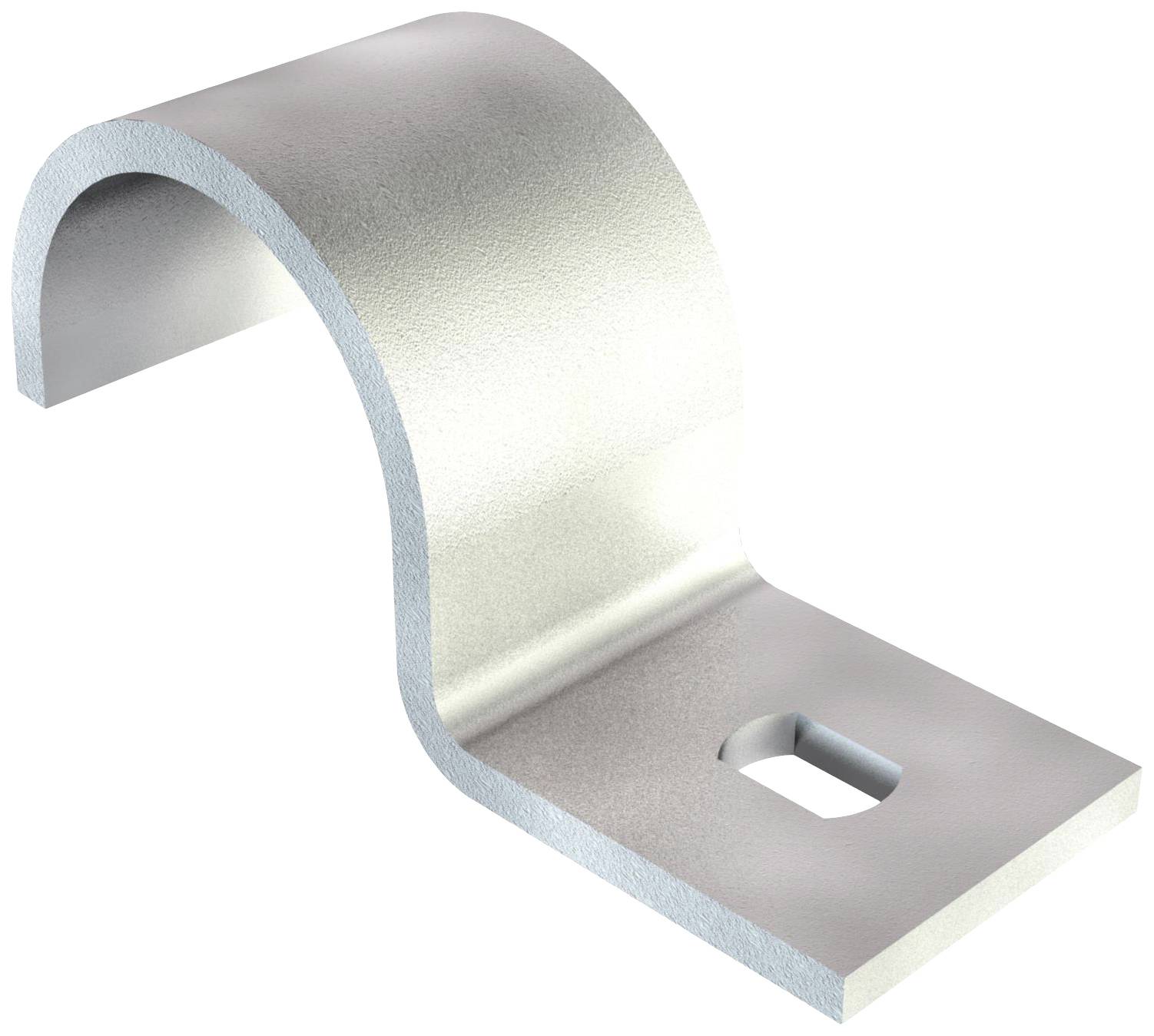 Metalen U-vormige beugel met een rechthoekige voet en een ovaal gat voor bevestiging.