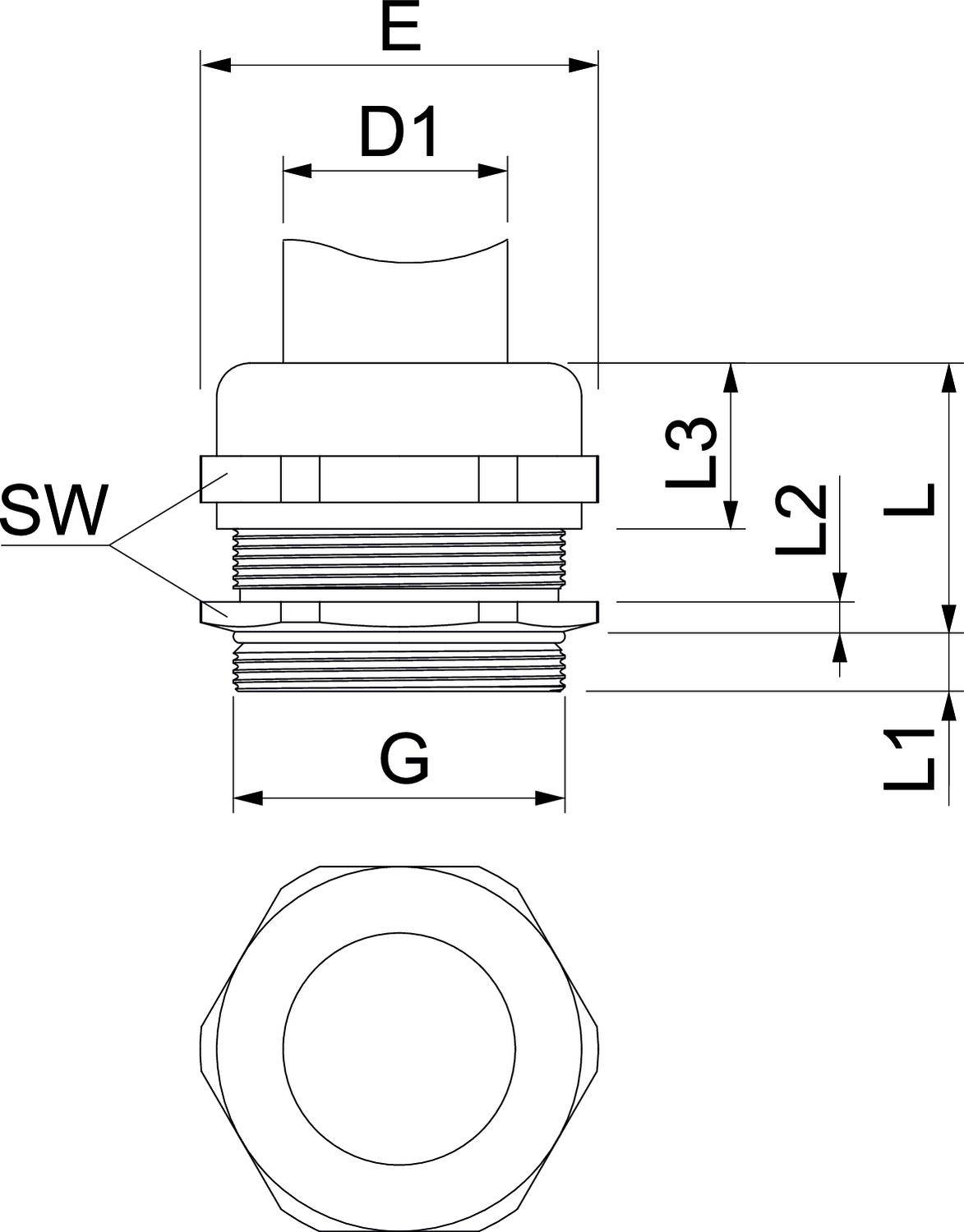 Technische tekening van een cilindrische schroefdoorvoering met afmetingen: E, D1, L3, L2, L, L1, SW en G. Bovenaanzicht van onderen.