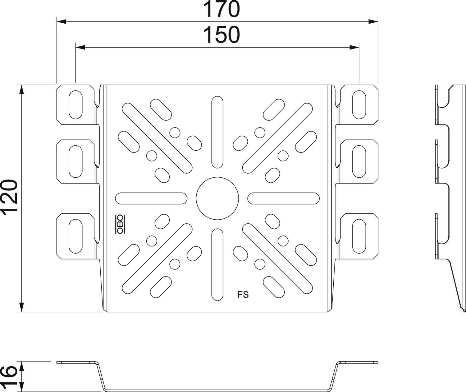 Technische tekening van een metalen onderdeel met afmetingen. Bovenaan 170 mm en 150 mm breedte aangegeven, hoogte 120 mm, diepte 16 mm.