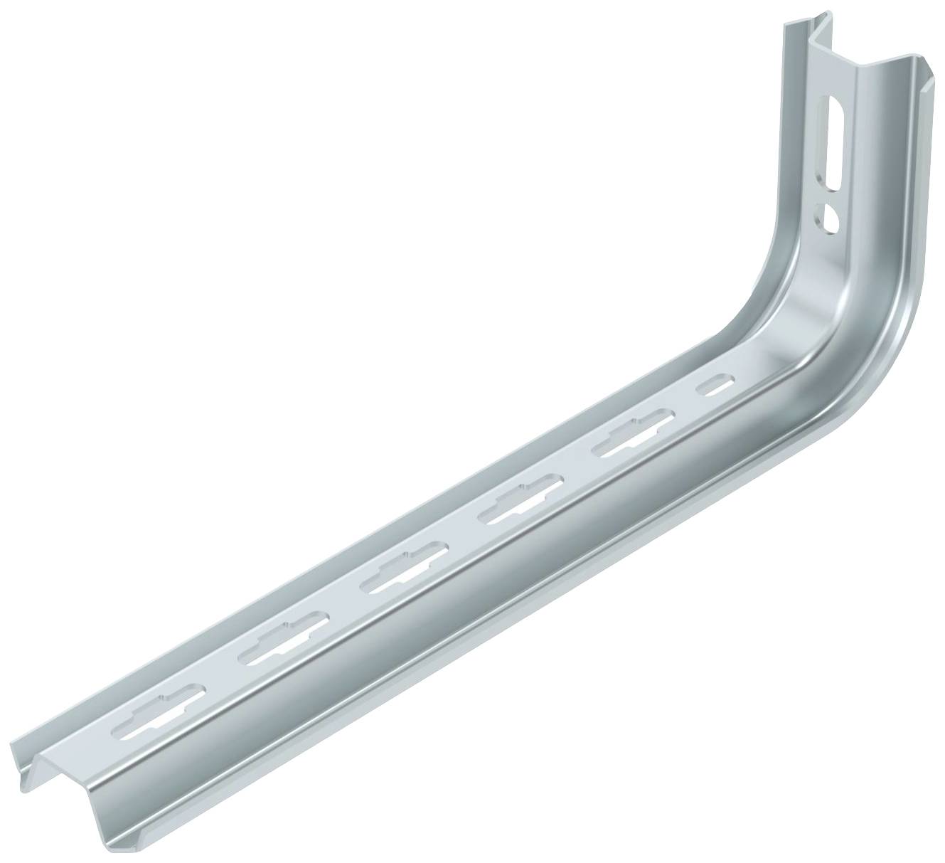 Metalen wandsteun met rechthoekige openingen langs de lengterichting, vaak gebruikt voor het bevestigen van schappen aan muren.