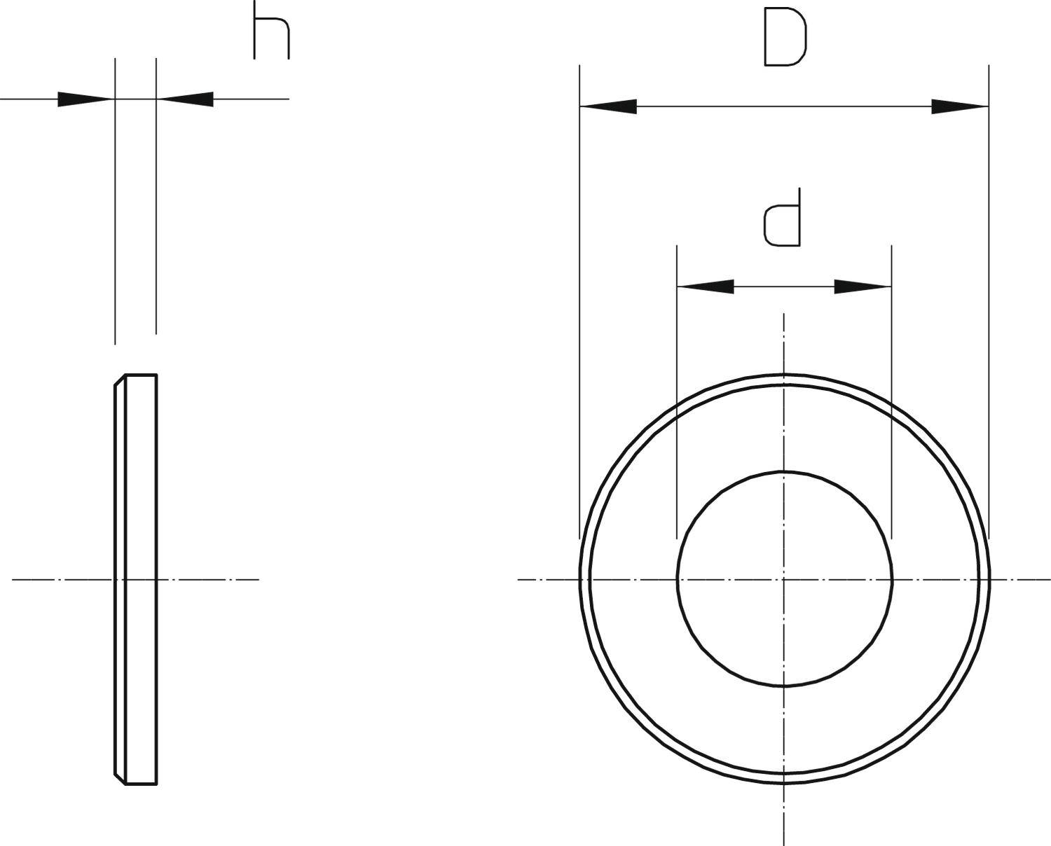 Technische tekening van een schijf. Zijaanzicht toont de hoogte (h), vooraanzicht toont buitendiameter (D) en binnendiameter (d).