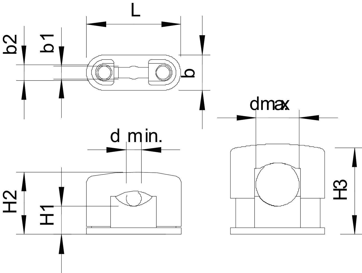 Technische tekening van een bevestigingscomponent met maatvoering: L, b1, b2, b, dmin, dmax, H1, H2, H3.