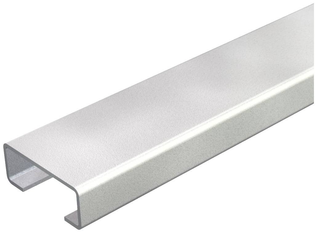 Een zilveren, U-vormig metalen profiel tegen een witte achtergrond.