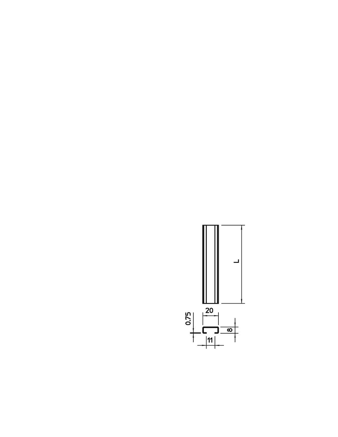 Technische tekening: Lengtekant van een smal object met lengtemaat 'L', breedte 20 en dikte 0,75. Maten in millimeters.