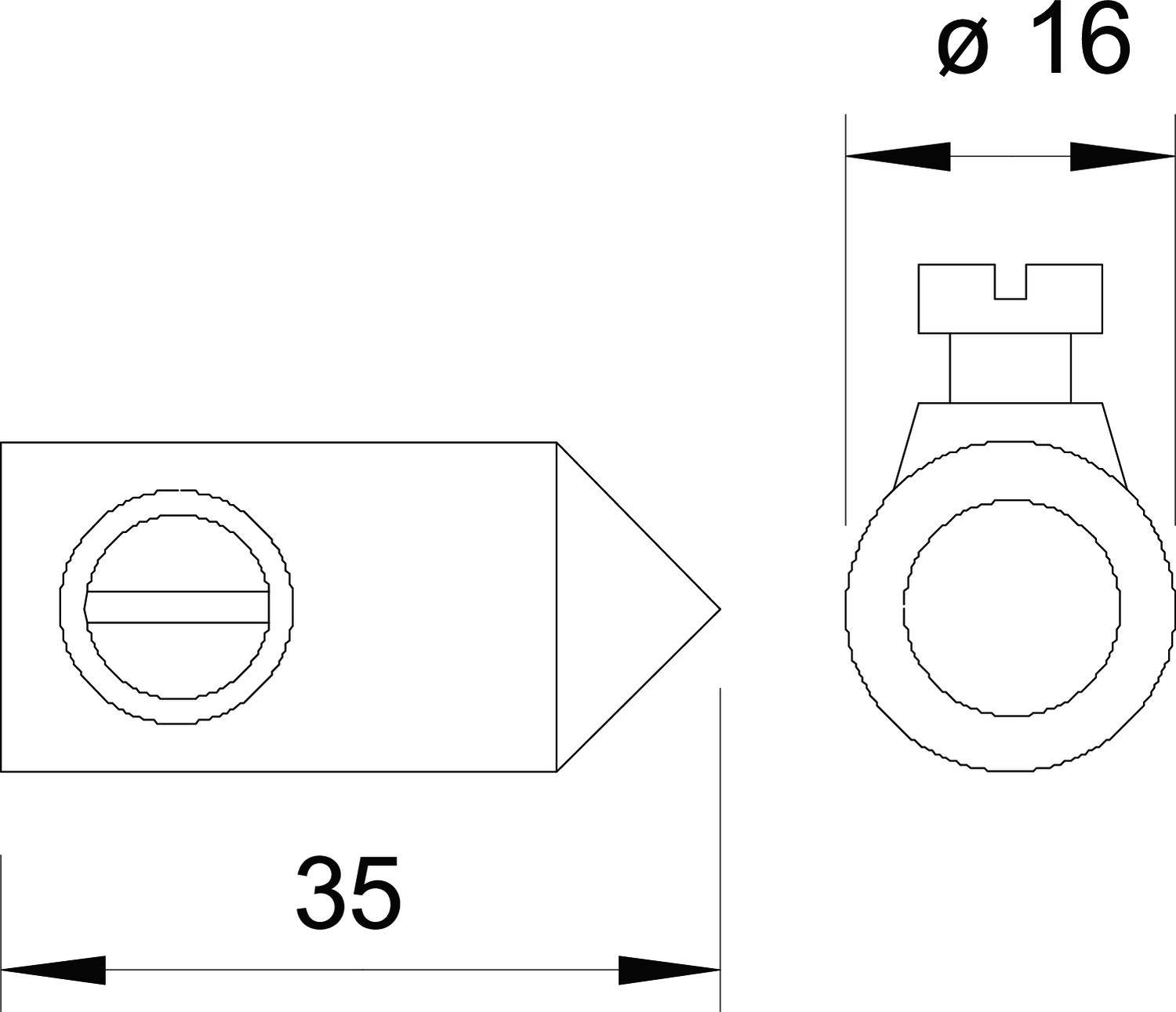 Technische tekening van een schroef met een diameter van 16 mm en een lengte van 35 mm, zij- en vooraanzicht.