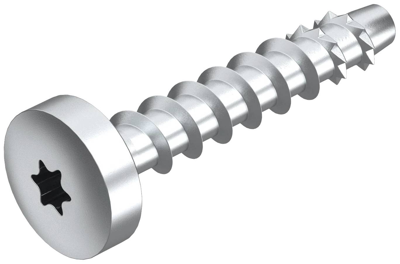 Een zilveren schroef met stervormige aandrijving en schroefdraad, geschikt voor gebruik in metaal- of houten constructies.