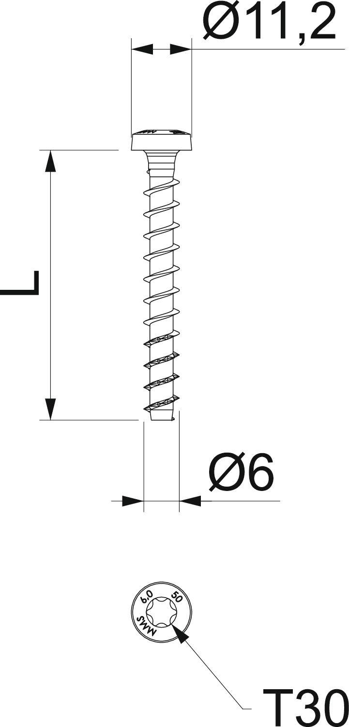Technische tekening van een schroef met afmetingen: Totale lengte (L), Diameter kop Ø11,2 mm, Schacht Ø6 mm, Torx-maat T30.