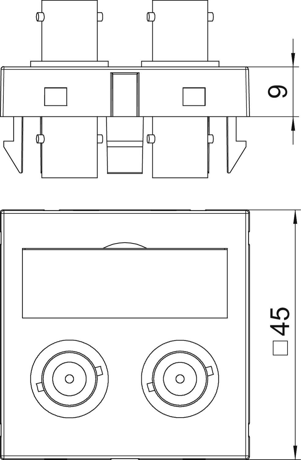 Technische tekening van een rechthoekige meelverdeler met twee buisuitlaten, afmetingen 45x9 mm. Bovenaanzicht en zijaanzicht weergegeven.