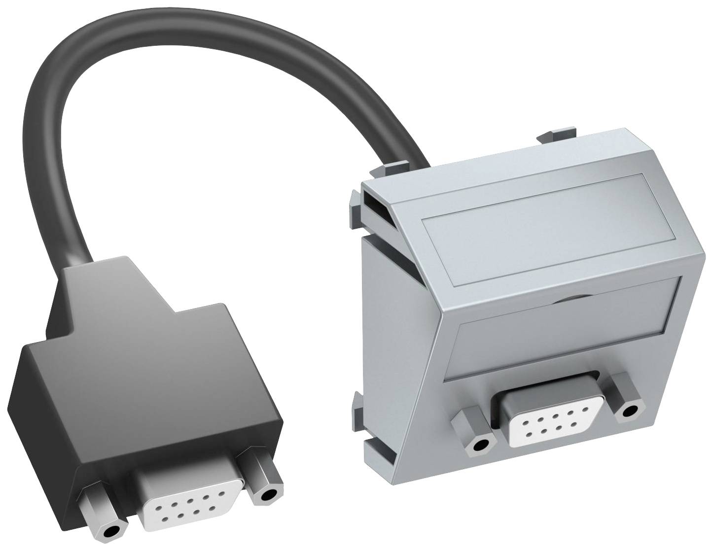 Een VGA-kabel met een zwarte stekker links en een grijze adapter rechts. Het wordt gebruikt voor het verbinden van apparaten met VGA-interfaces.