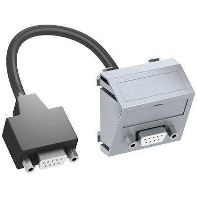 Een VGA-kabel met een zwarte stekker links en een grijze adapter rechts. Het wordt gebruikt voor het verbinden van apparaten met VGA-interfaces.