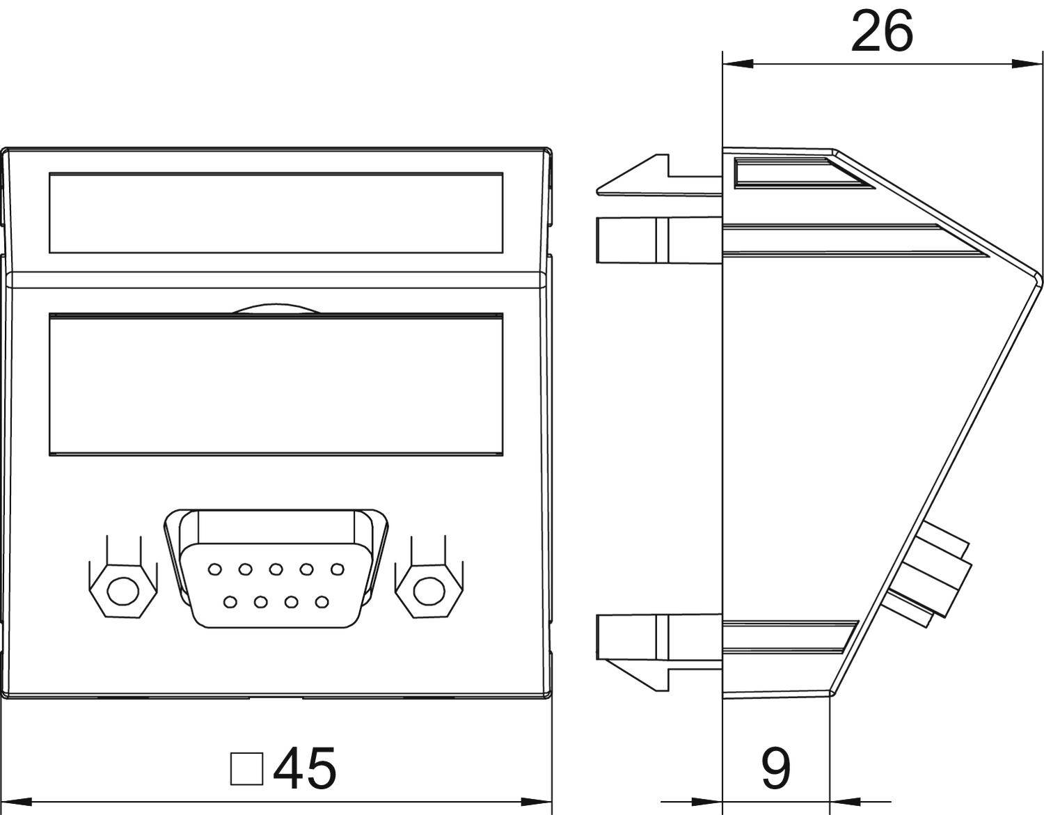Technische tekening van een rechthoekig elektronisch onderdeel met aansluitingen. Afmetingen: 45 mm breedte, 26 mm hoogte, 9 mm diepte.