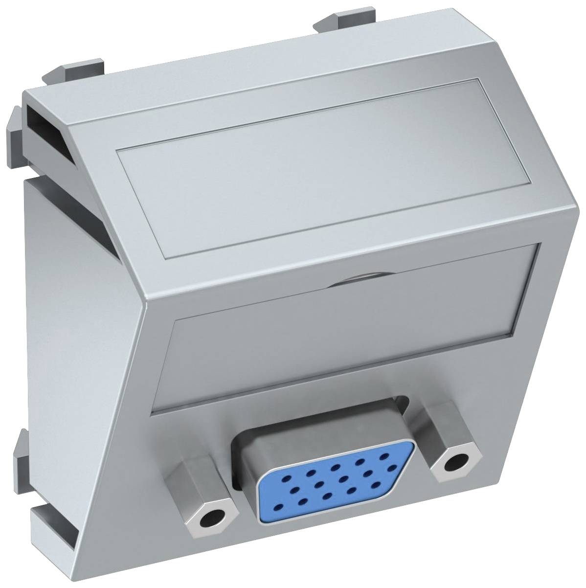 Een zilveren rechthoekige elektrische stekkerdoos-adapter met een blauwe VGA-aansluiting, geschikt voor wandmontage.