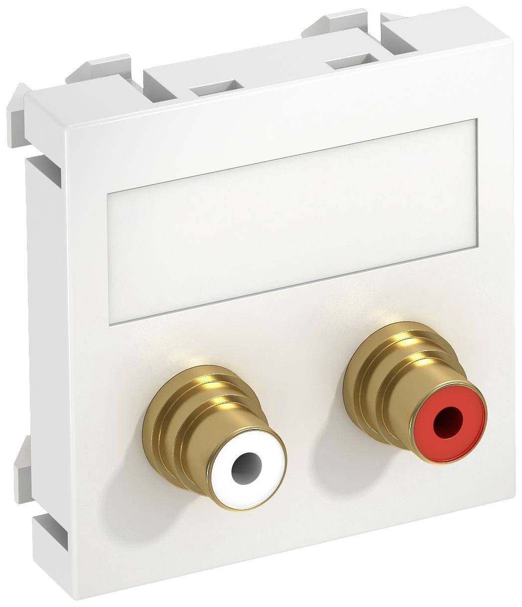 Witte frontplaat met twee cinch-aansluitingen: links wit, rechts rood. Typisch gebruikt voor audio-toepassingen.