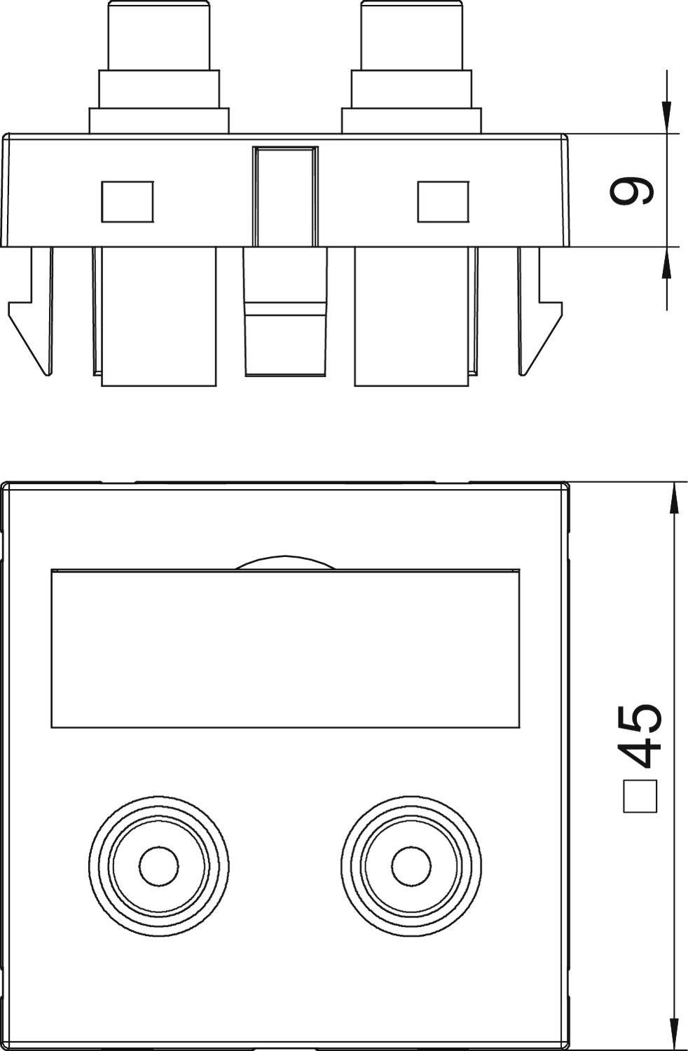 Technische tekening van een tweepelige stopcontact. Boven: bovenaanzicht met twee aansluitklemmen. Onder: vooraanzicht met afmetingen 45 mm x 45 mm.