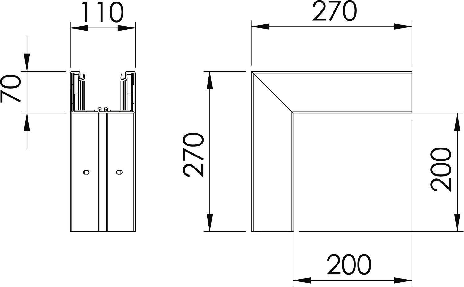 Technische tekening van een hoekverbindingselement. Voor- en zijaanzicht met afmetingen: 110x70 mm voor de voorkant, 270x200 mm voor de zijkant.