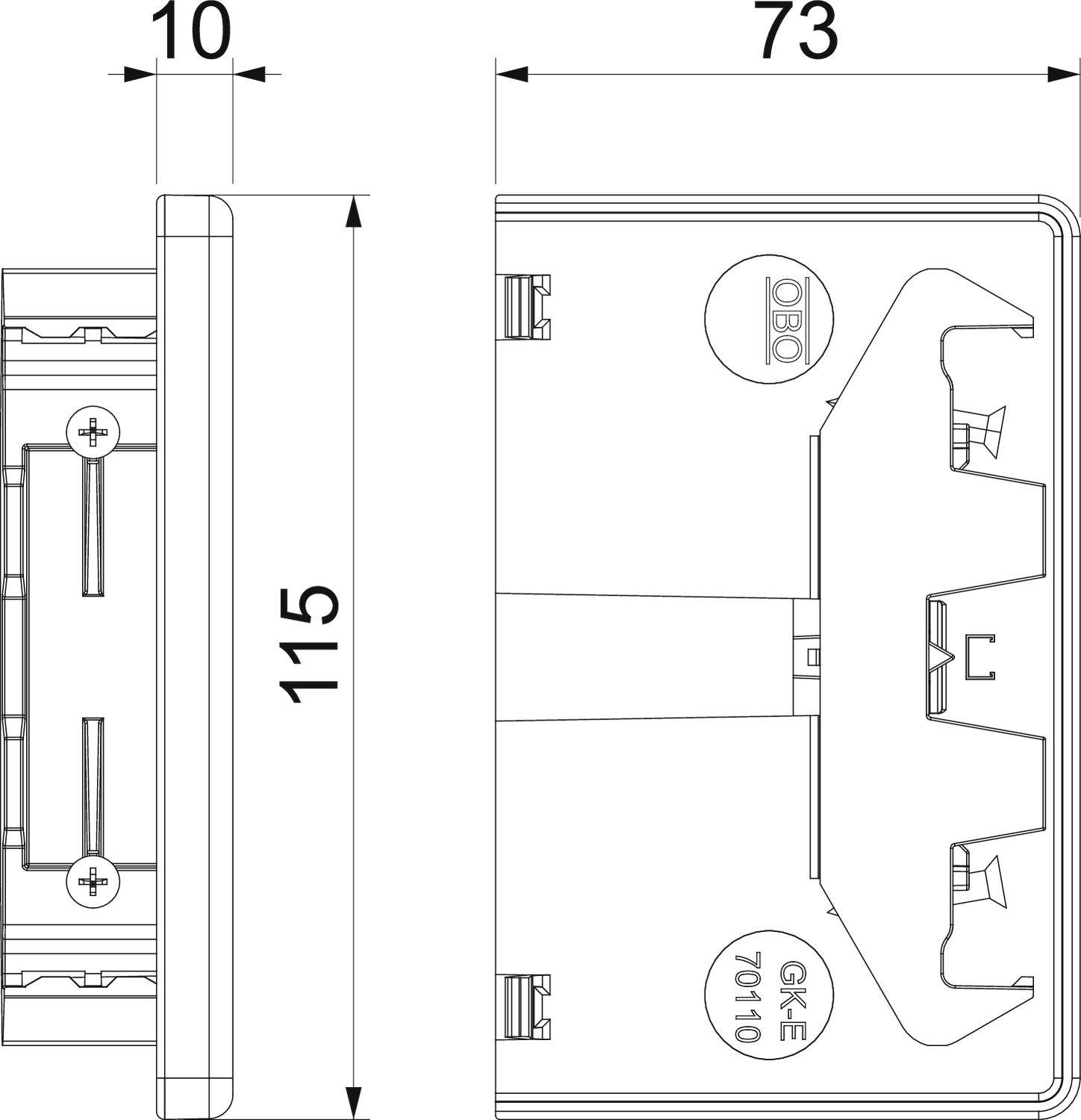 Technische tekening van een rechthoekige behuizing met de afmetingen: hoogte 115 mm, breedte 73 mm, diepte 10 mm.