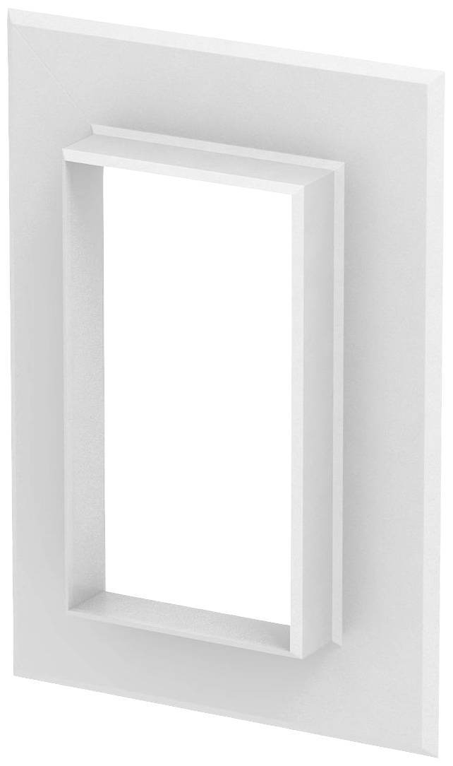 Rechthoekig wandframe met rechthoekige binnenuitsparing, gemaakt van wit materiaal, licht van onderen bekeken in perspectief.