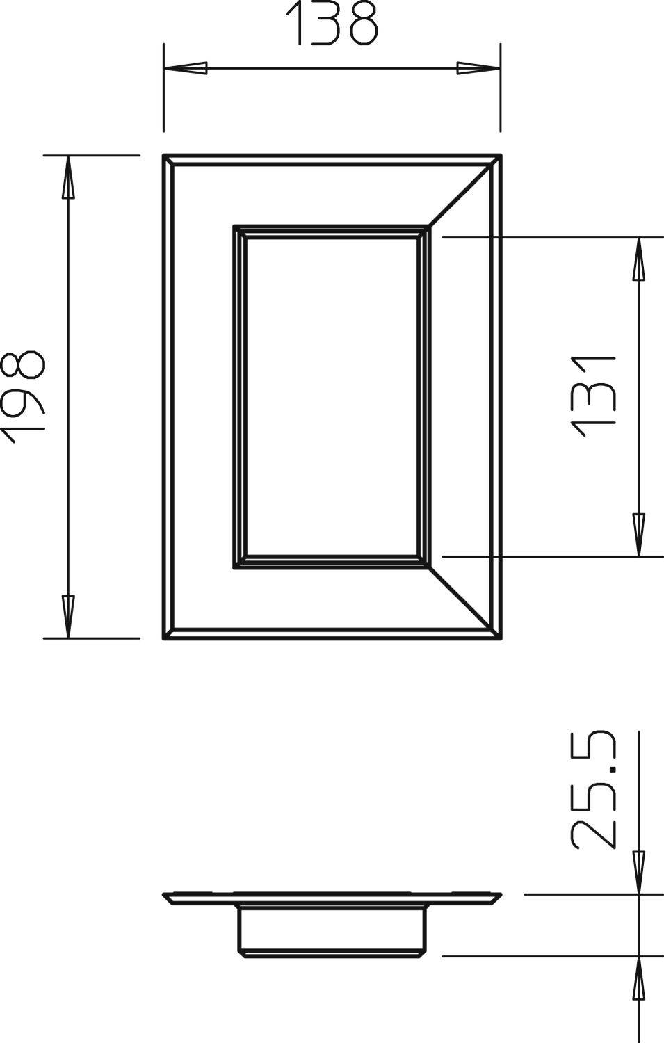Technische tekening van een rechthoekig frame met afmetingen: hoogte 198 mm, breedte 138 mm, binnenafmetingen 131 mm, diepte 25,5 mm.