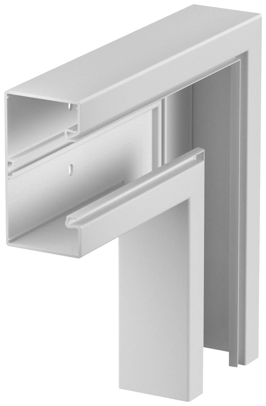 L-vormig metaalprofiel, grijs, hol, met een gladde oppervlakte. Gebruikt in de bouw en architectuur voor lichte draagconstructies.