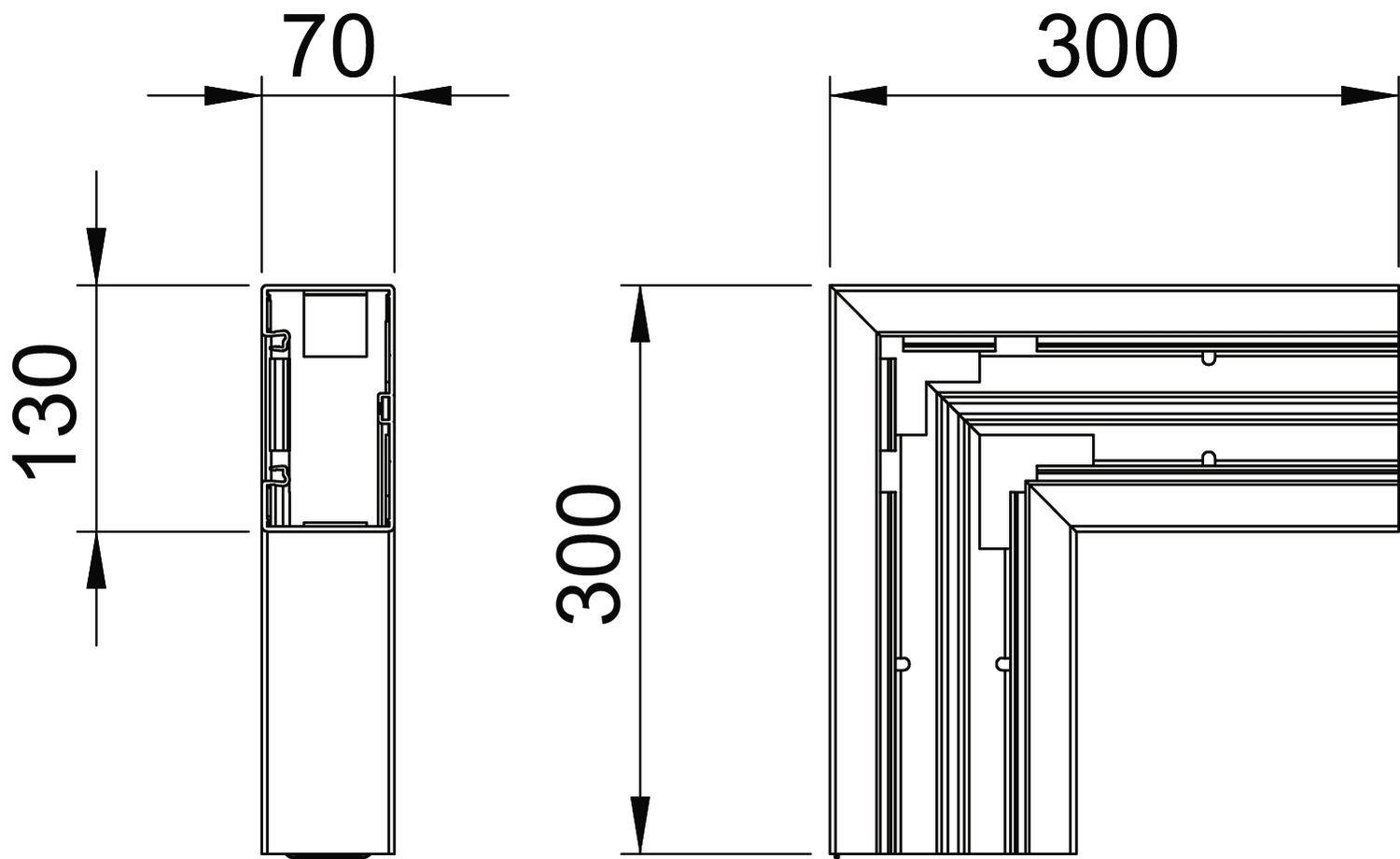 Technische tekening: Doorsnede van een deurframe met afmetingen van 70 mm breedte, 130 mm hoogte en 300 mm totale ruimtebreedte.