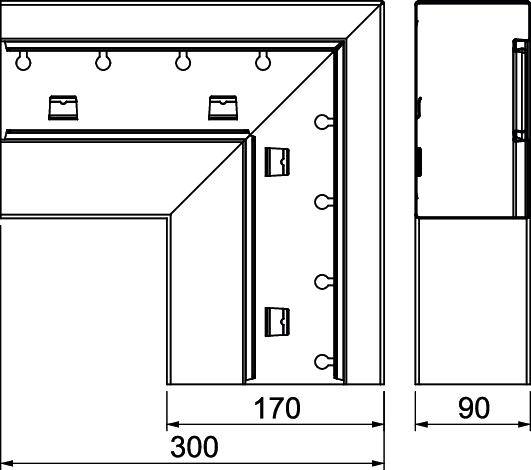 L-vormige plattegrond van een kantoormeubel met afmetingen: 300 cm x 170 cm x 90 cm. Kasten en verlichtingspunten zijn zichtbaar.