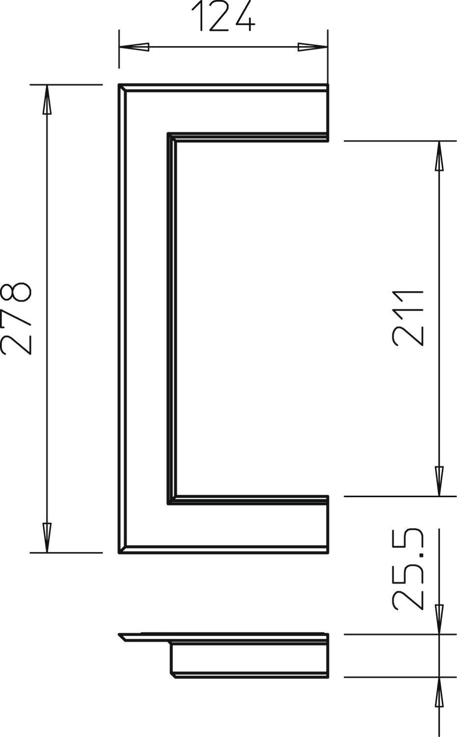Technische tekening van een L-vormige rand met de afmetingen: hoogte 278 mm, breedte 124 mm, binnenste hoogte 211 mm, randdikte 25,5 mm.