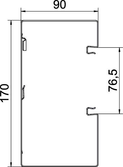 Technische tekening van een rechthoekig onderdeel met afmetingen: breedte 90 en hoogte 170 eenheden. Een uitsparing is 76,5 eenheden hoog.