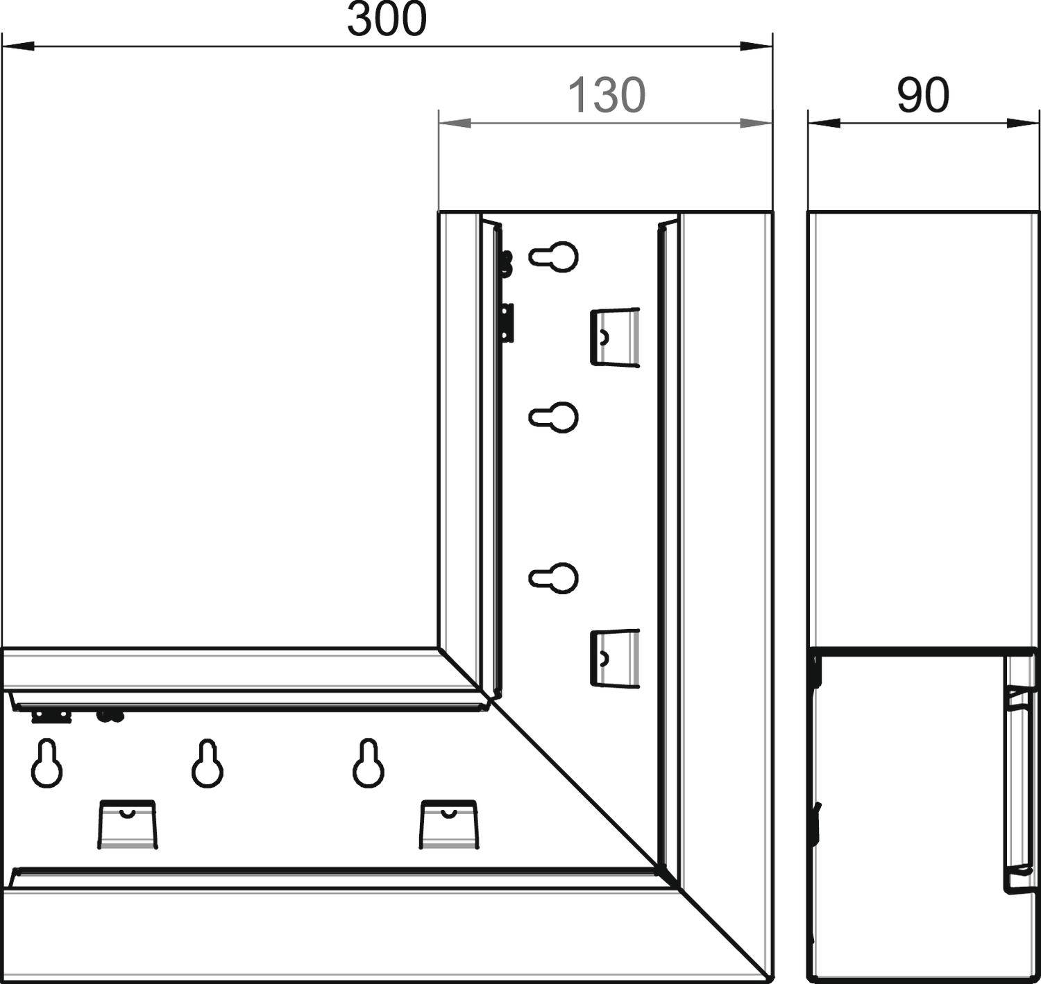 Technische tekening van een hoekprofiel met afmetingen: 300, 130 en 90 mm. Toont de plaatsing van schroefgaten en zijaanzicht.