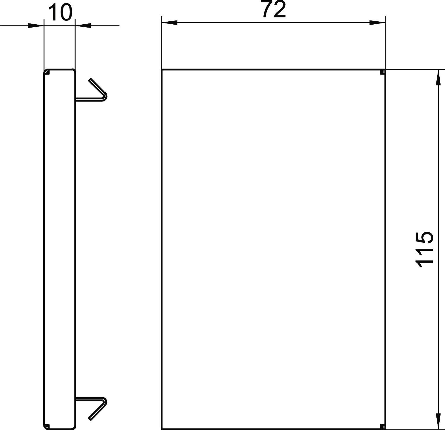 'Technical drawing of a rectangular object with a hook; Dimensions: 10 mm depth, 72 mm width, 115 mm height.'