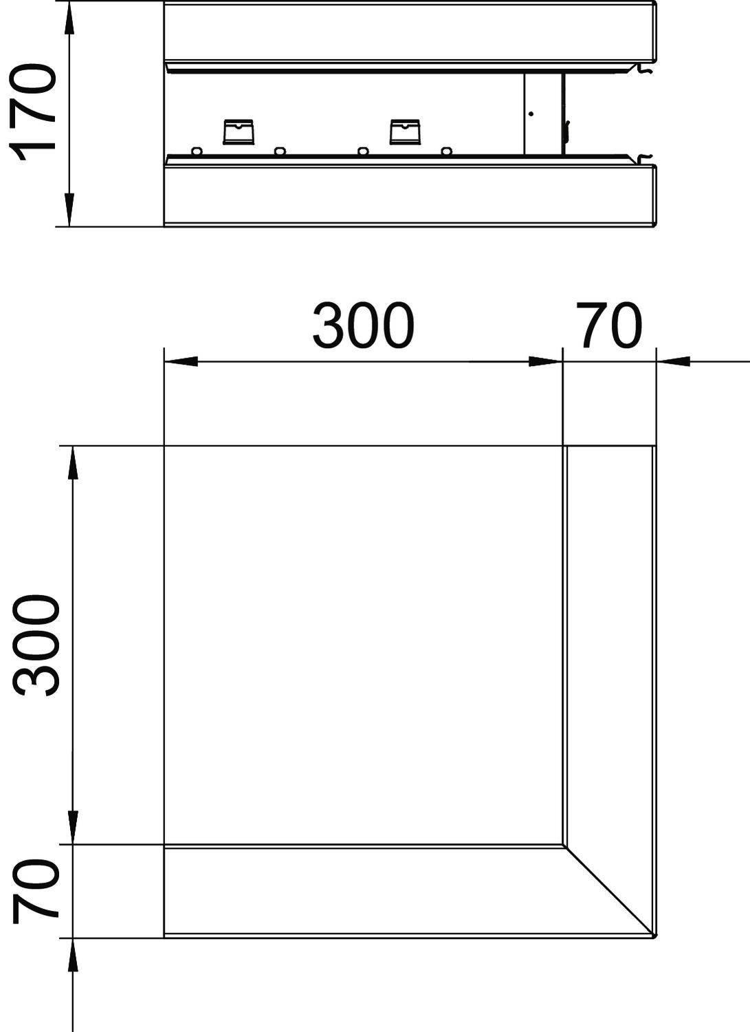 Technische tekening van een vierkant object met afmetingen van 300 x 300 mm en een rand van 70 mm. Zijaanzicht toont een hoogte van 170 mm.