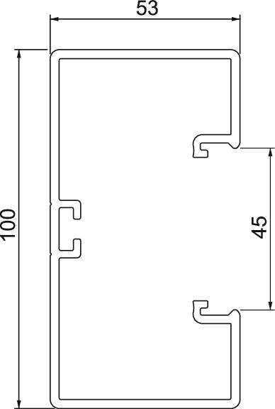 Technische tekening van een profiel met afmetingen: Hoogte 100, Breedte 53, Binnenafmeting 45. Rechthoekige vorm met ophangvoorzieningen.