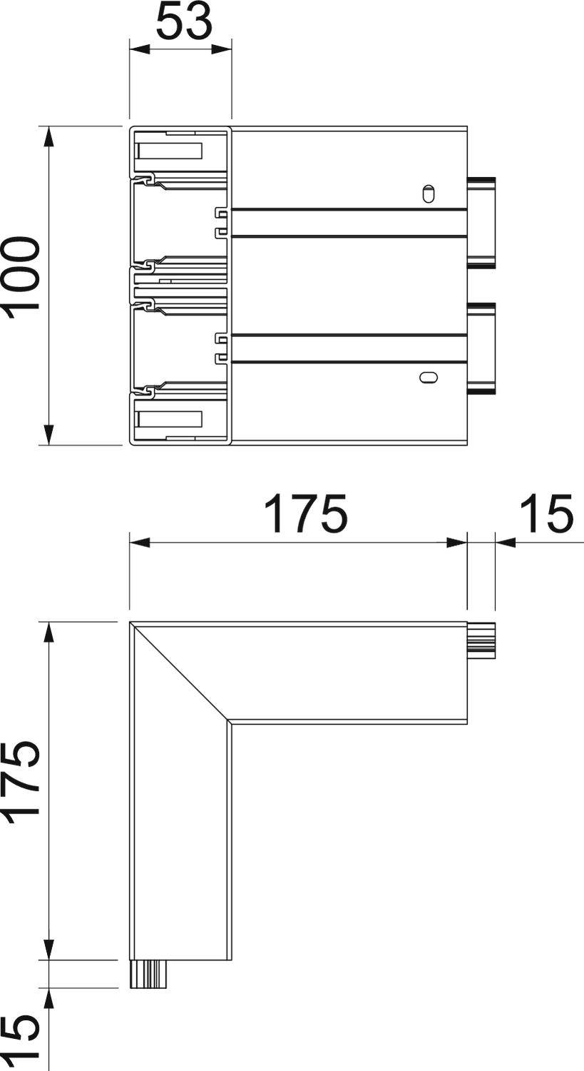 Technische tekening van een L-vormige structuur met afmetingen: 100 mm hoog, 175 mm diep, 53 mm breed. Er zijn twee aanzichten.