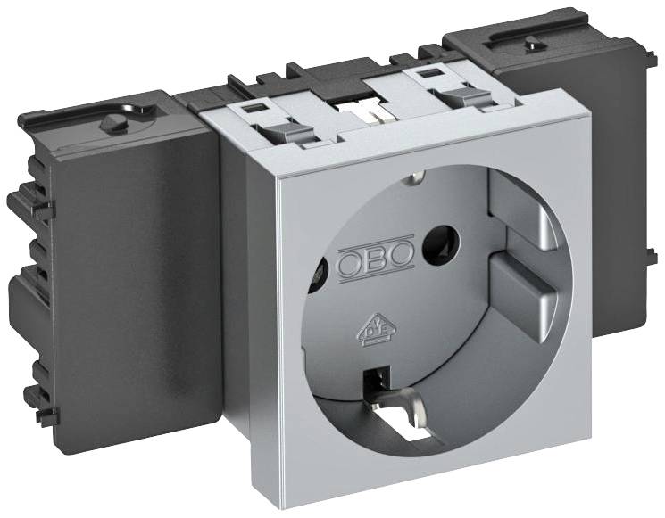 Een rechthoekige, grijze stekkerdoos-adapter met twee zwarte modules aan de zijkanten. Geschikt voor installatie in een stopcontactsysteem.