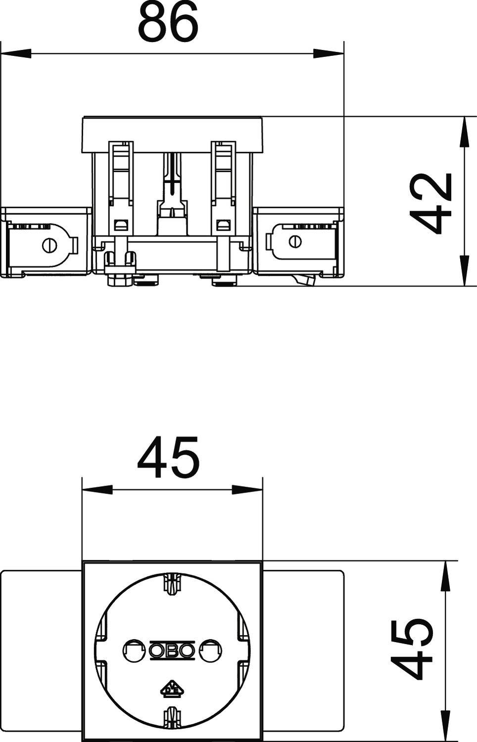 Tekening van een rechthoekig stopcontactmodule met afmetingen van 86 mm breedte, 42 mm hoogte en 45 mm diepte. Vooraanzicht en bovenaanzicht.